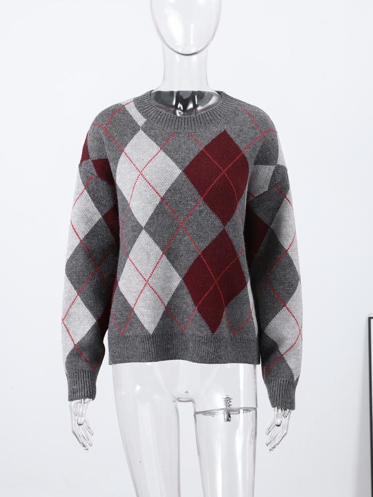 Женский жаккардовый вязаный свитер с ромбовидным узором, с круглым вырезом, женский теплый и модный зимний пуловер с круглым вырезом 2025