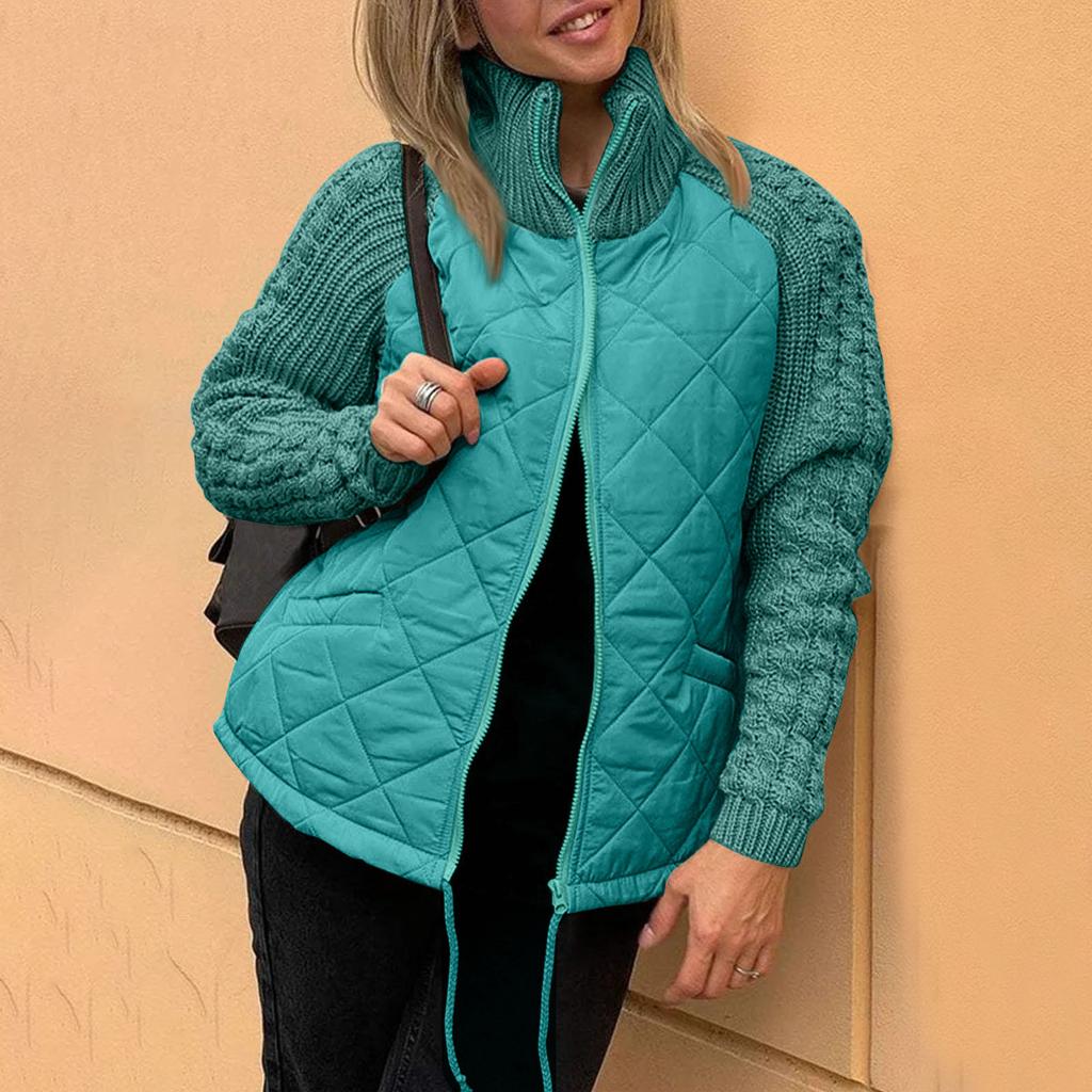 Женская однотонная трикотажная стеганая куртка в стиле пэчворк, повседневная легкая куртка с воротником-стойкой и длинным рукавом на молнии, утепленная верхняя одежда, пальто