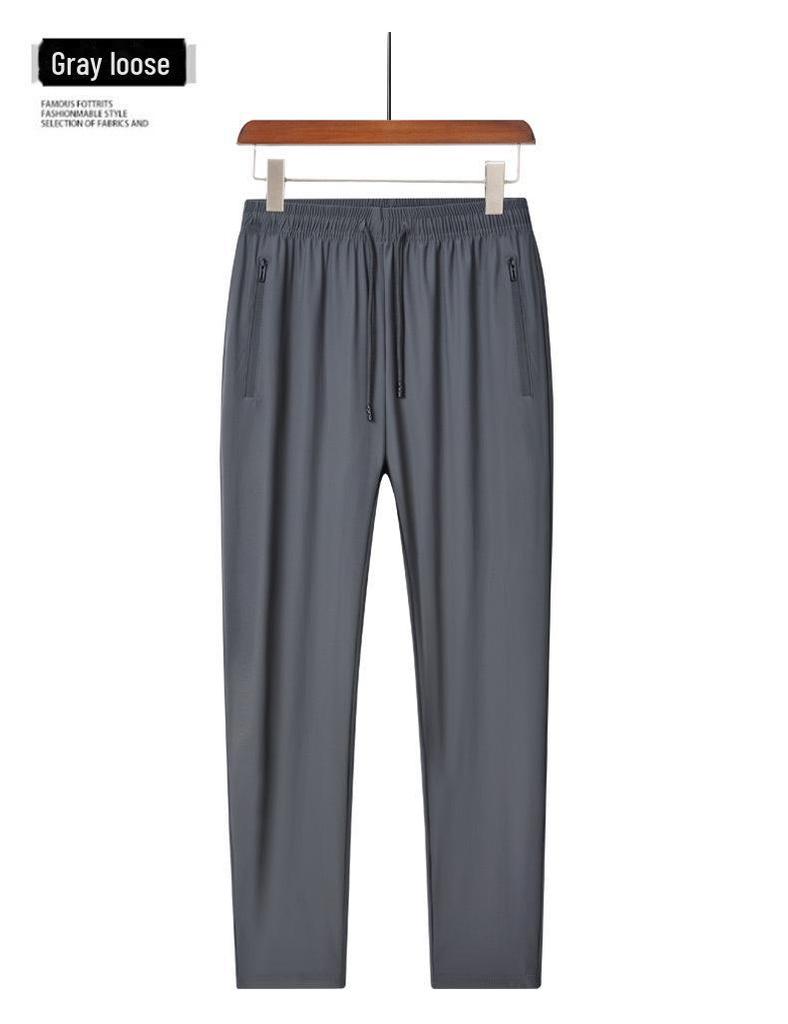 Мужские брюки Ice Silk с эластичным поясом и застежкой-молнией — однотонные, повседневные спортивные, длина девять точек, летняя одежда.