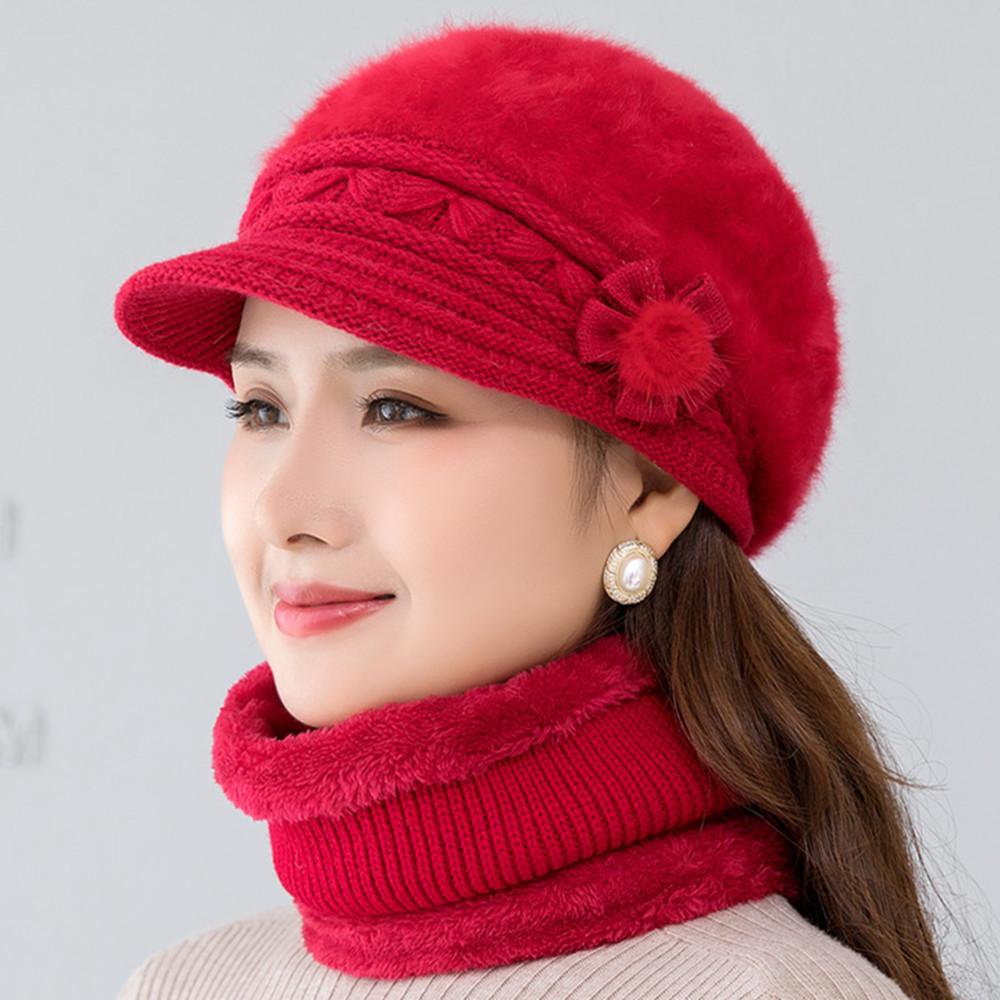 Winter Hat Keep Warm Cap Add Fur Lined Hat And Scarf Set Warm Hats For Female Casual Rabbit Fur Winter Knitted Hat