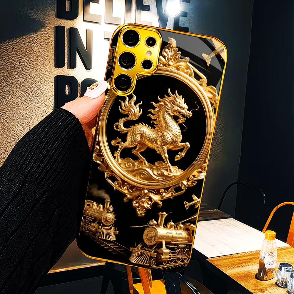 Блестящий Позолоченный Чехол для Телефона с Килином Стекло s25 ultra case s26 ultra case для Samsung Galaxy S26 S25 S24 S23 S22 FE Ultra Plus