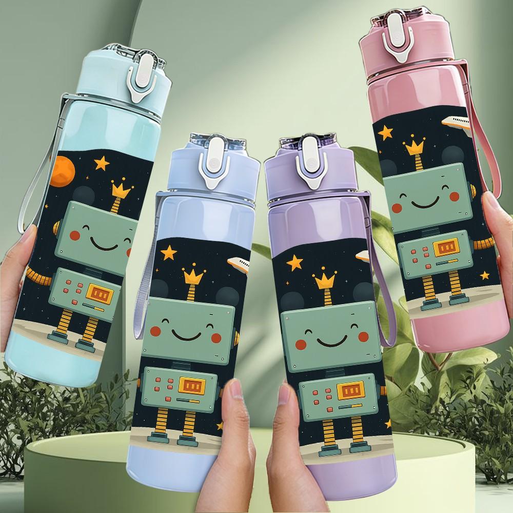 1PC Retro Space Robot Pattern 750ml Color Plastic Sports Water Bottle Leakproof Flip Straw Lid Suitable for Sports Office Home Use