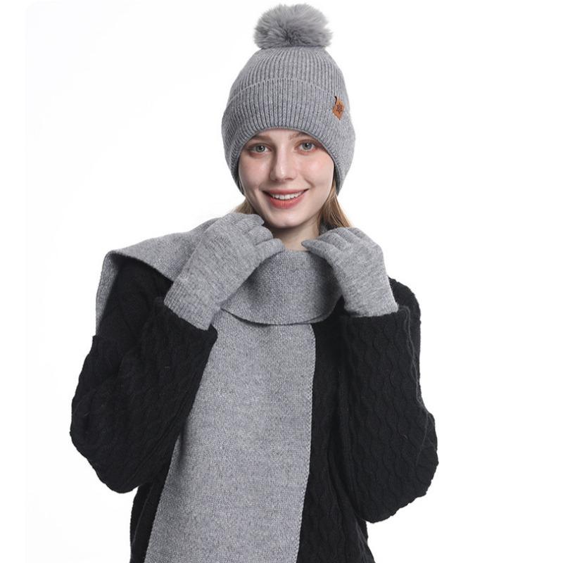 Knitted Hat Scarf Gloves Three Piece Set Winter Outdoor Velvet Warm Ear Protection Knitted Hat