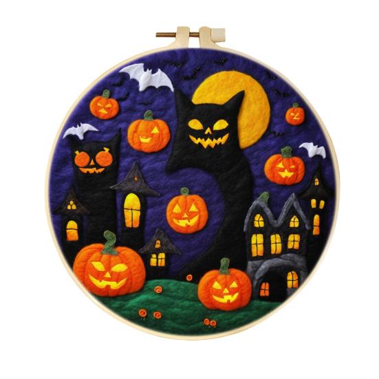 Halloween Needle Felting Kit Beginner Felt Craft Set DIY Felt Painting with Faux Wool Needle Frame Stamped Fabric for Adults Handcraft Lovers