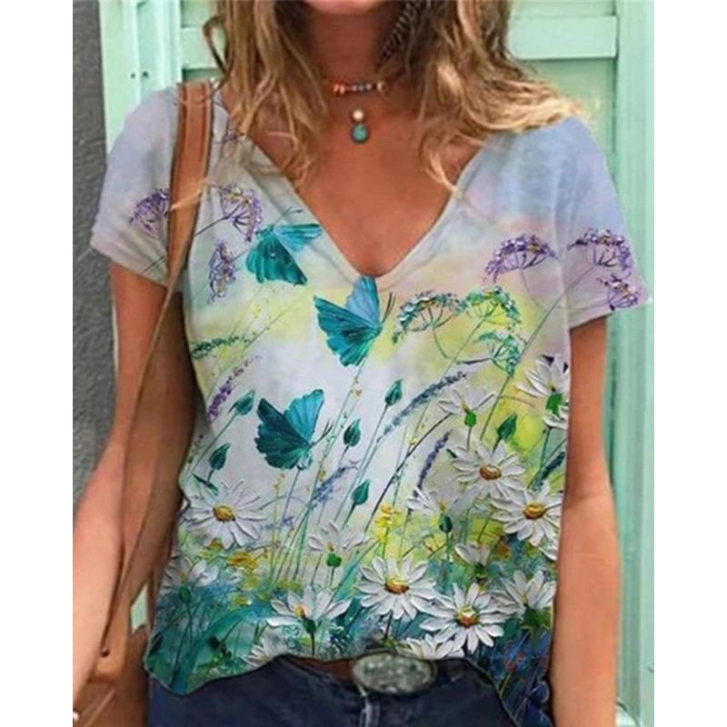 V-neck Short Sleeved Top with Sexy 3D Animal Butterfly Dragonfly Print Women's T-shirts