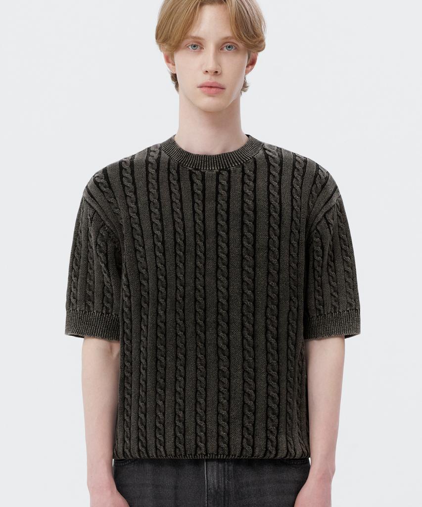 TRILLION Vintage Washed Cable Half Sleeve Knit [Black]
