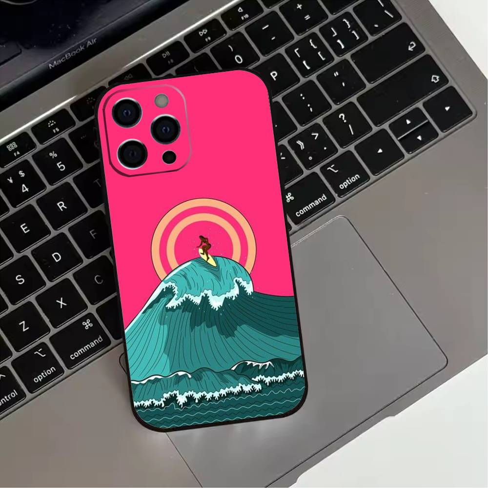 Surfboard Surfing Art Surf Girl Phone Case For iPhone 17,16,15,14,13,12,11 Plus,Pro Max,XS,Soft Silicone Black Cover