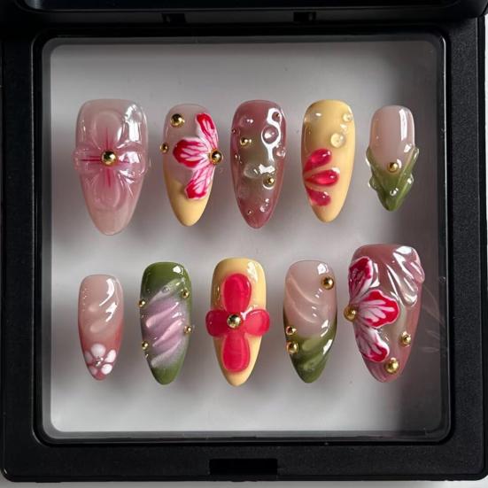 10Pcs 3D Floral Press-on Nails Thick Gel Design Summer French Fake Nails with Tip Artificial