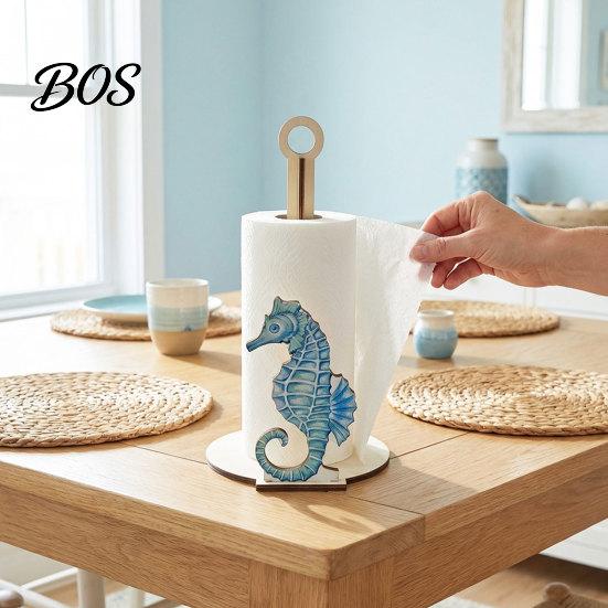 Nautical Kitchen Accessories Ocean Style Vertical Paper Towel Holder, Solid Wood Roll Stand with Holder Seahorse Crab Sailboat Shell Design,