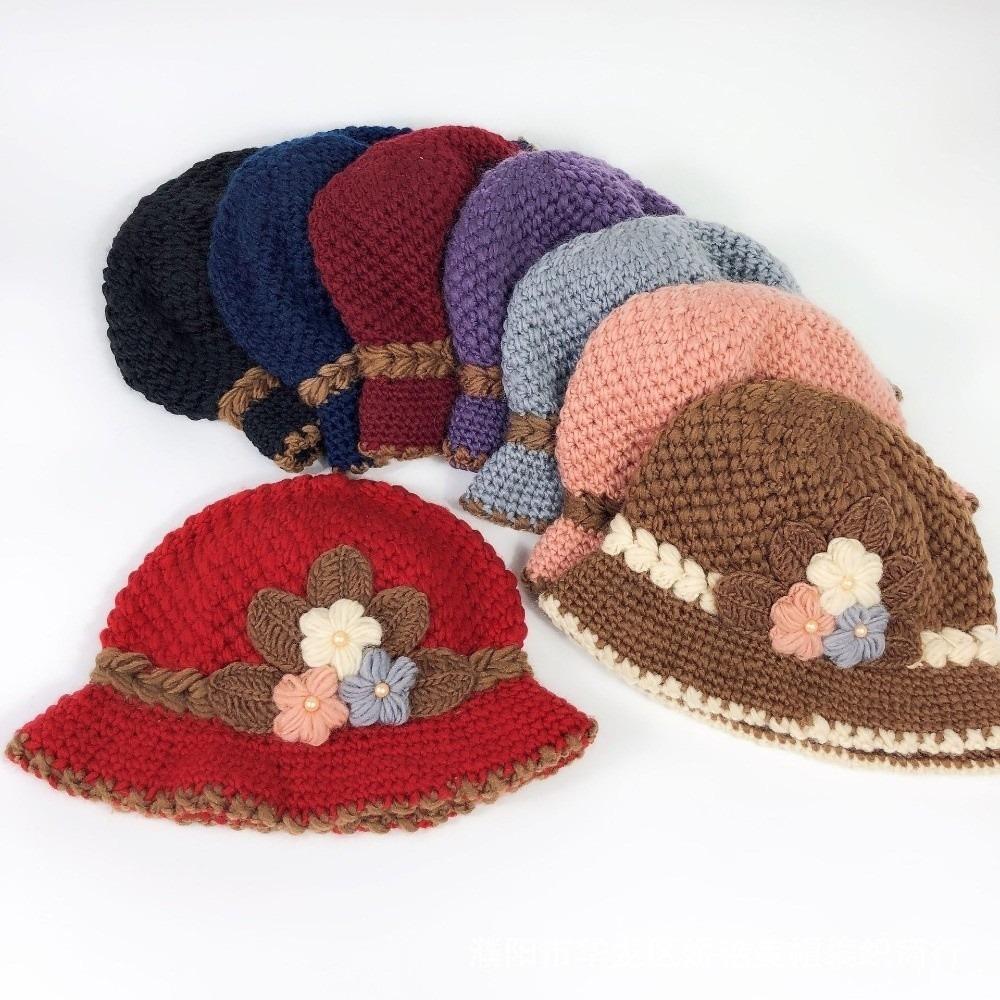 Warm Knitted Bucket Hat Windproof Floral Crochet Hat Vintage Yarn Cloche Hat Winter