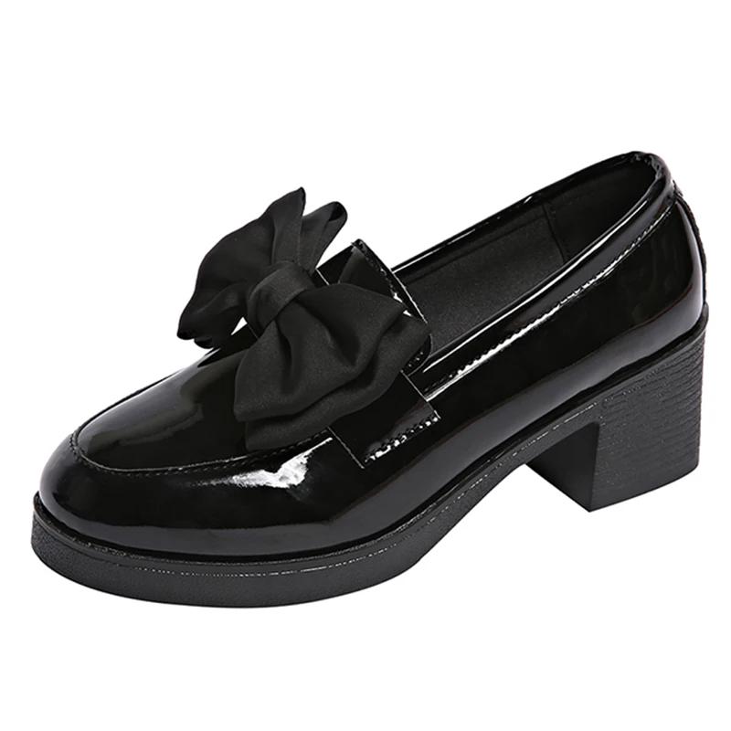 Весенние милые туфли-лодочки с бантом и квадратным каблуком, женские черные лакированные лоферы на платформе, слипоны для женщин