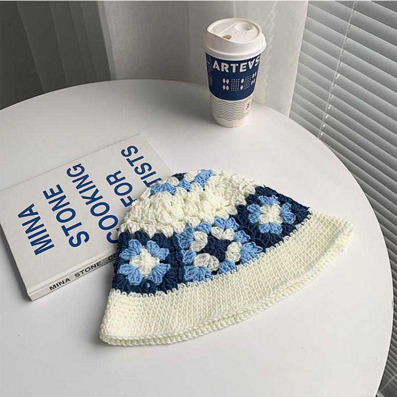 Handmade Crochet Flower Bucket Hat for Girls Korean Hot Travel Beach Panama Caps Design Knitted Hat Winter Beanie Wool Warm Cap