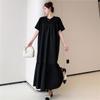 2024 Summer Extra Long Loose Plus Size Women's Cotton Dress with Ruched Splice & Slit Short Sleeves