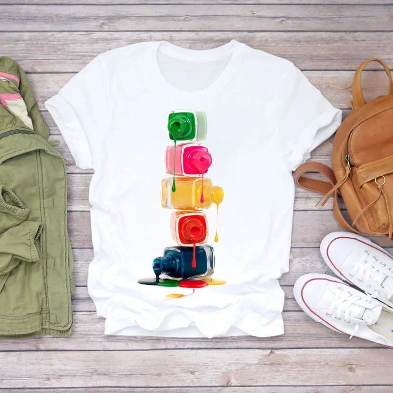 Fashion Short Sleeve White T-Shirt for Women Nail Art Makeup Beauty Style Inspired by Europe And America Summer polyester fabric