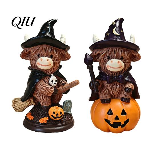 Cute Cow Gifts 2Pcs Halloween Highland Witch Ornament, Resin Figurine with Hat Pumpkin Broom Broomstick Figurines & Skull, Farmhouse Tabletop
