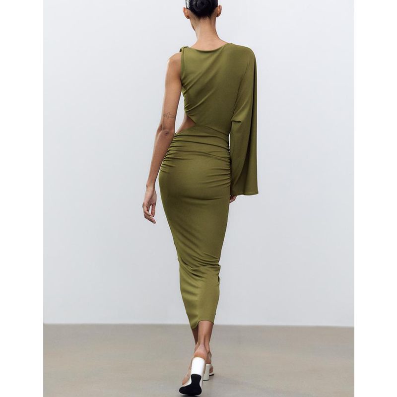 Spring and Summer Women's Clothing Ruched One Shoulder Asymmetric Design Vertical Cut Out Decoration Mini Dress 5039328