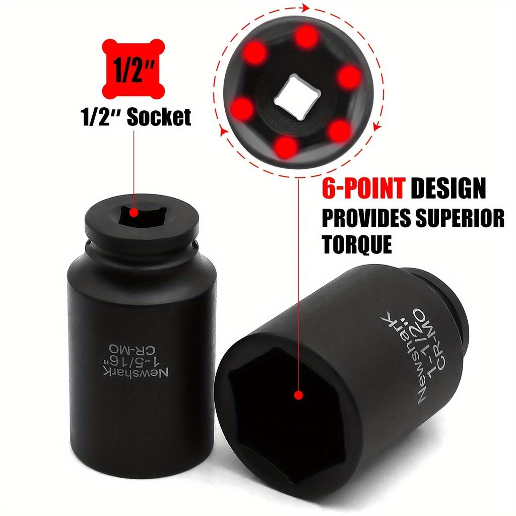 5 шт. Набор ударных головок для гаек ступицы оси с глубоким профилем, привод 1/2 дюйма, 6-гранные, SAE, CR-MO, сверхпрочный набор ударных головок с портативным кейсом
