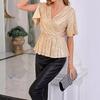 Women Sequin Tops V-Neck Ruffle Sleeves Glitter Blouses Waist Tight Elastic Hem Evening Cocktail Shiny Tops