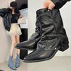 Sheepskin Version! Retro American Boots Pointed Black Thin One-pedal Short Trousers Stacked Boots Female Summer