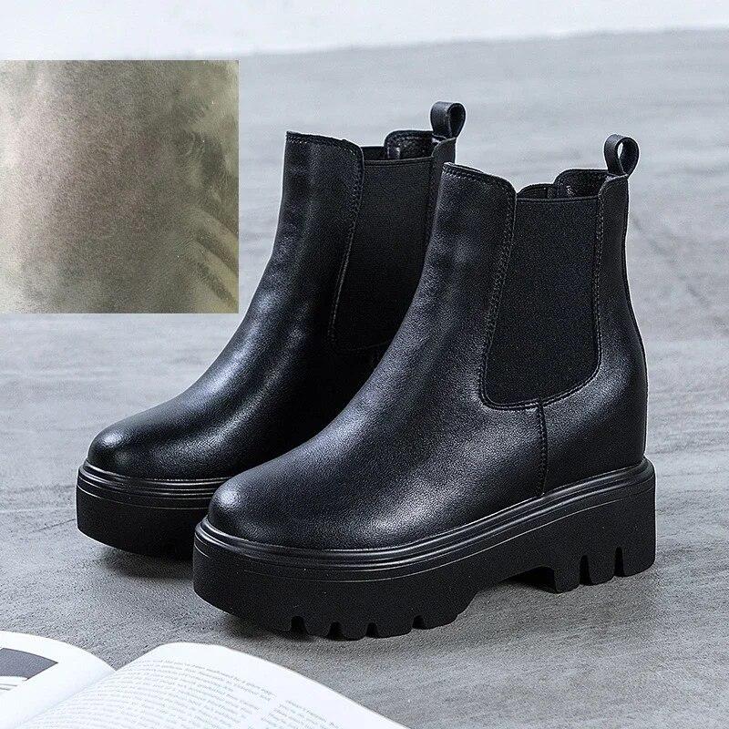 Fujin, 8 см, 2023, натуральная кожа, ботильоны «Челси», осень-зима, плюшевые теплые ботинки на платформе до середины икры, женская весенняя обувь в Риме