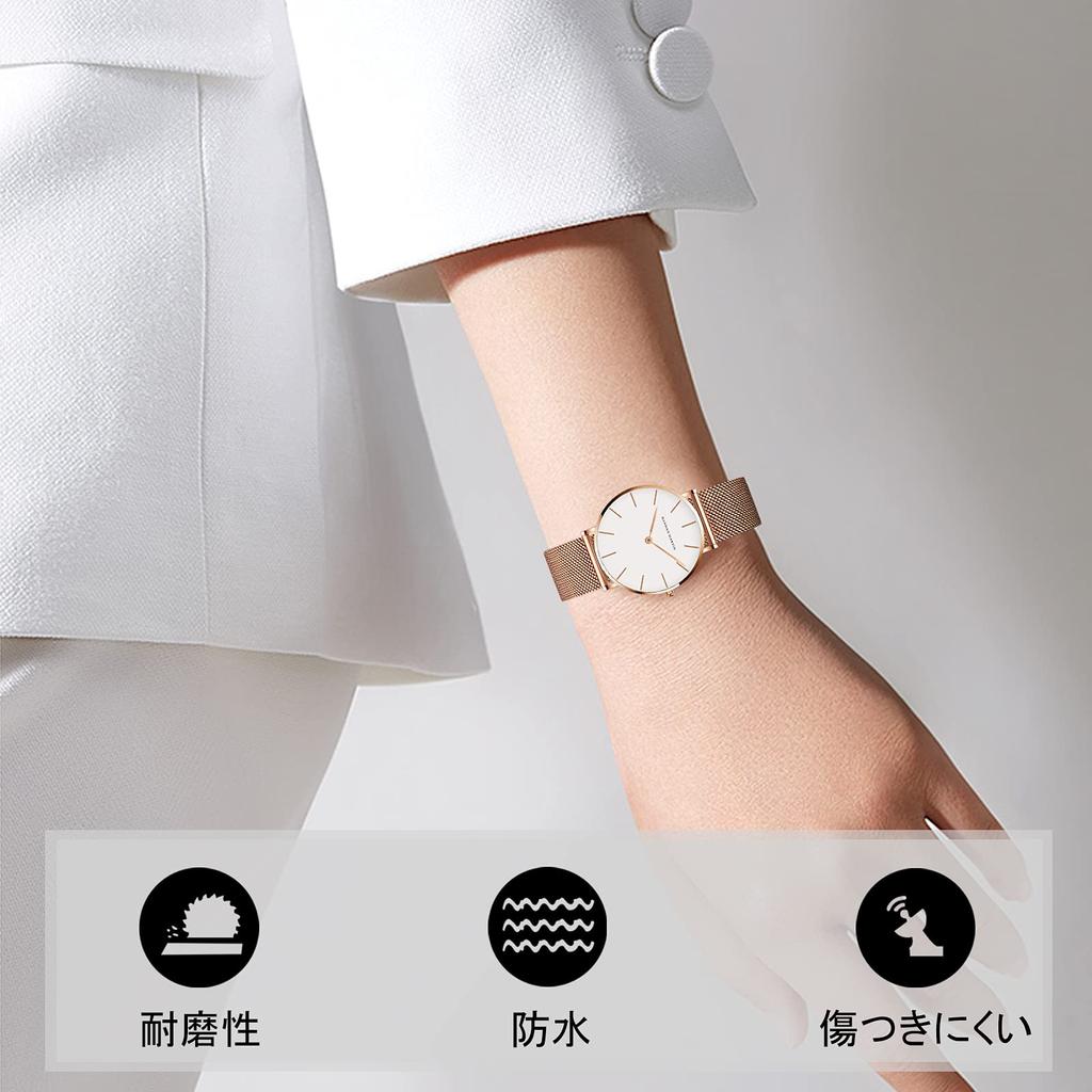 RORIOS Simple Analog Watch with Water Made in Quartz Mesh Stylish and Perfect for Commuting and White C Women's Resistance, Japan, Movement, Band,