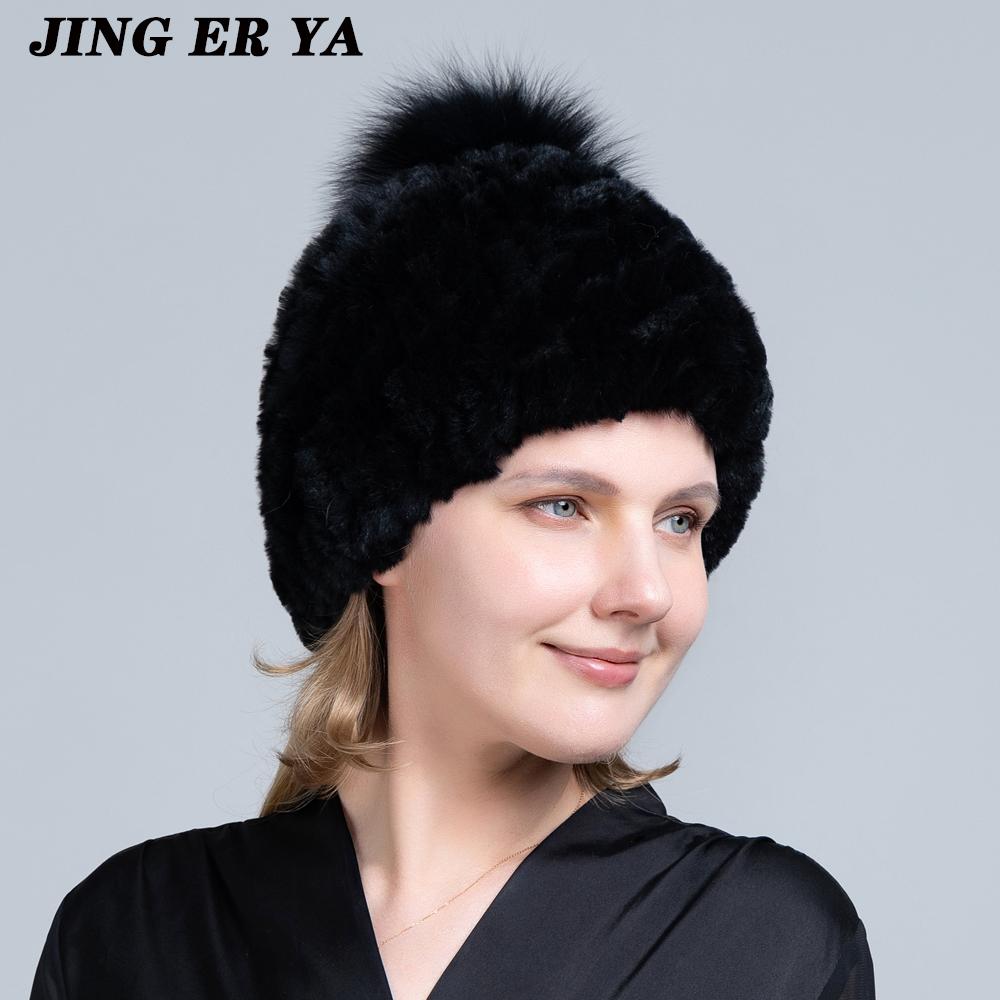 Вязаные шапки с помпоном для женщин, шапочки, однотонные эластичные шапки из меха кролика рекс, зимняя шапка Skullies, модные шапки из натурального меха