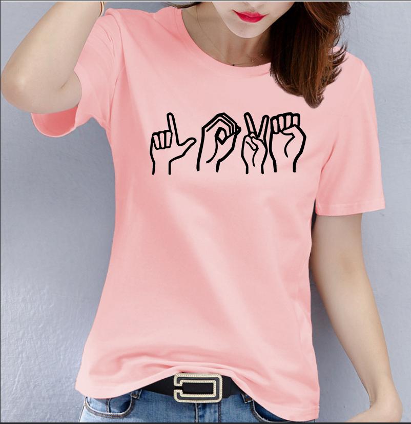 Polyester 100% Europe and United States Large Size LOVE Sign Language Pattern Printed Valentine's Day Short-sleeved T-shirt Blouse