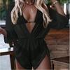Women Deep V Neck Halter Print Three Piece Bikini Set Mesh Cover Up Beach Swimsuit