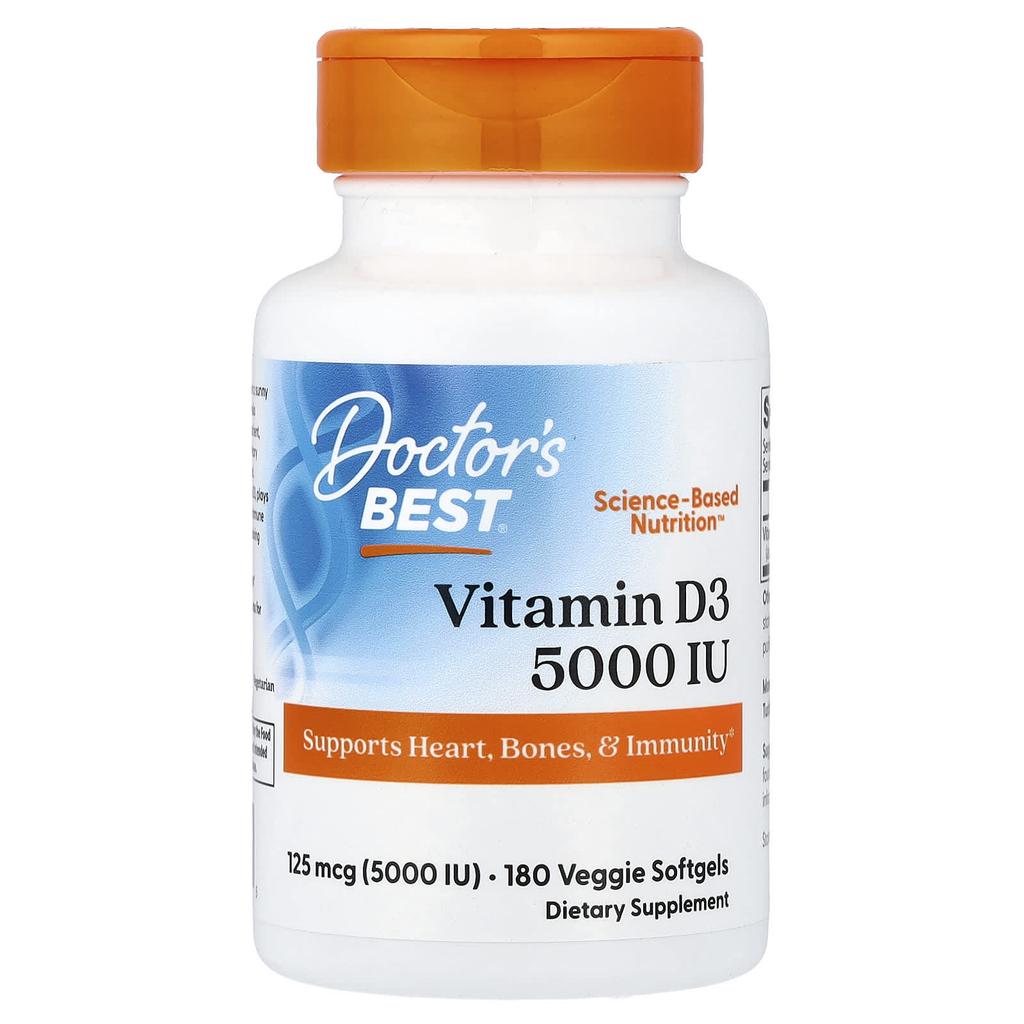 Doctor's Best Витамин D3, 125 мкг (5000 МЕ), 180 вегетарианских мягких капсул