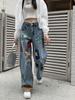 High Street Vintage Color Print Loose Jeans Women 2000s Y2k Straight Casual Wide Leg Pants Ladies Fashion Design Retro Baggy Trousers