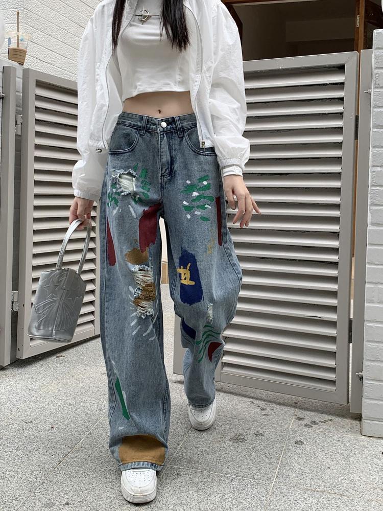 High Street Vintage Color Print Loose Jeans Women 2000s Y2k Straight Casual Wide Leg Pants Ladies Fashion Design Retro Baggy Trousers