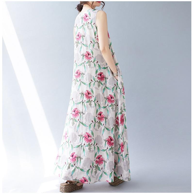 Летнее свободное платье без рукавов с круглым вырезом и принтом средней длины для женщин, повседневные платья