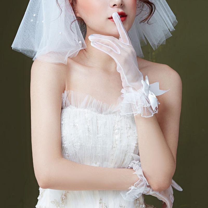 1 пара элегантных кружевных перчаток с оборками из тюля, свадебные перчатки из полиэстера с бантом, женские варежки, аксессуары к платью