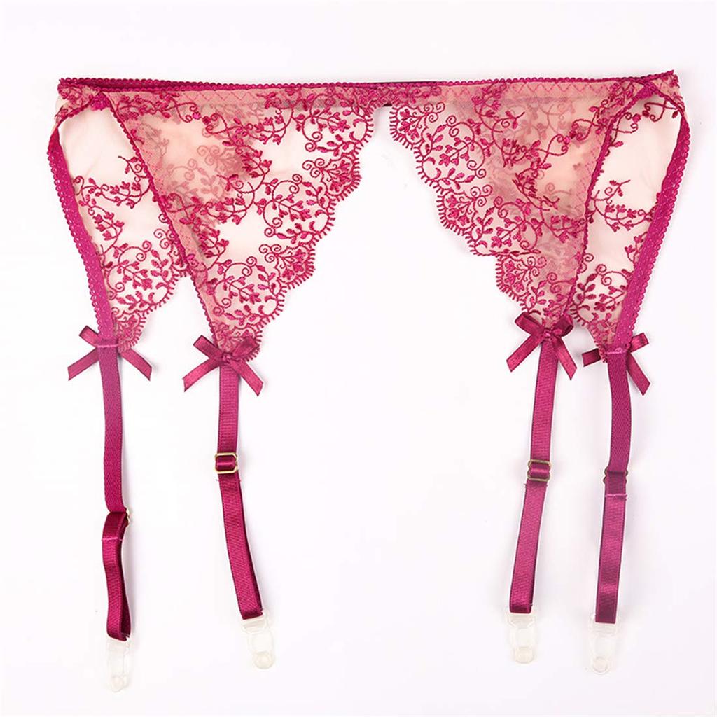 Embroidered Open Bust Open Crotch Garter Belt and Stockings Sexy Lingerie Set [ONE LADY] Women's Bra, T-Back, (Pink, M)