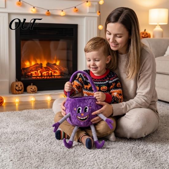 Halloween Pumpkin Candy Bucket Basket with Handle, Soft Plush Trick or Treat Bag for Kids, Personalized Pails Portable Holiday Party Favor Storage