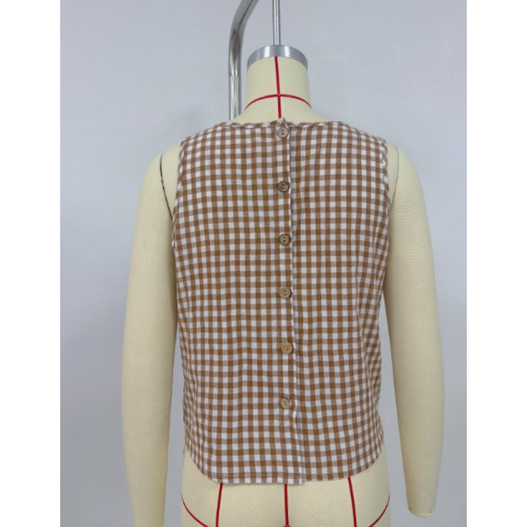 Summer New Women's Buttoned Crew Neck Sleeveless Plaid Cropped Tank Top for Leisure