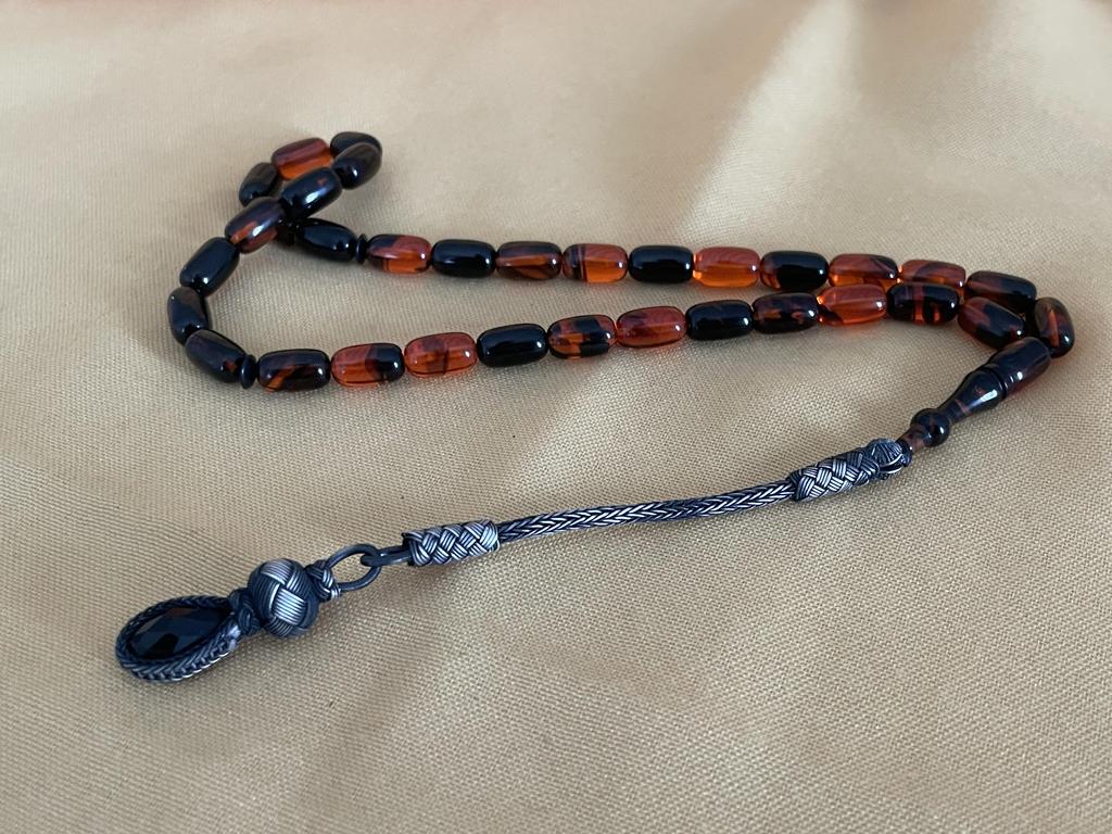 Молитвенные бусы из огненного янтаря 1000 пробы Серебряные кисточки Kazaziye Оранжевые черные четки, исламские мусульманские четки Misbaha, роскошный подарок 33 четки