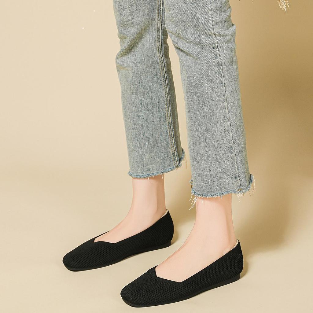 Квадратный носок, неглубокий вырез, ткань, плоская подошва, однотонный трикотаж, мягкая подошва, большой размер 34-43