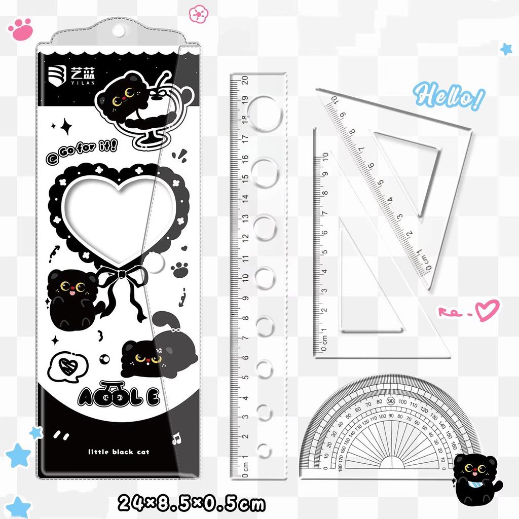 4-Piece Set Transparent Plastic Rulers Straight Rulers Protractors Set Square Kawaii School Stationery Kid Math Stationery