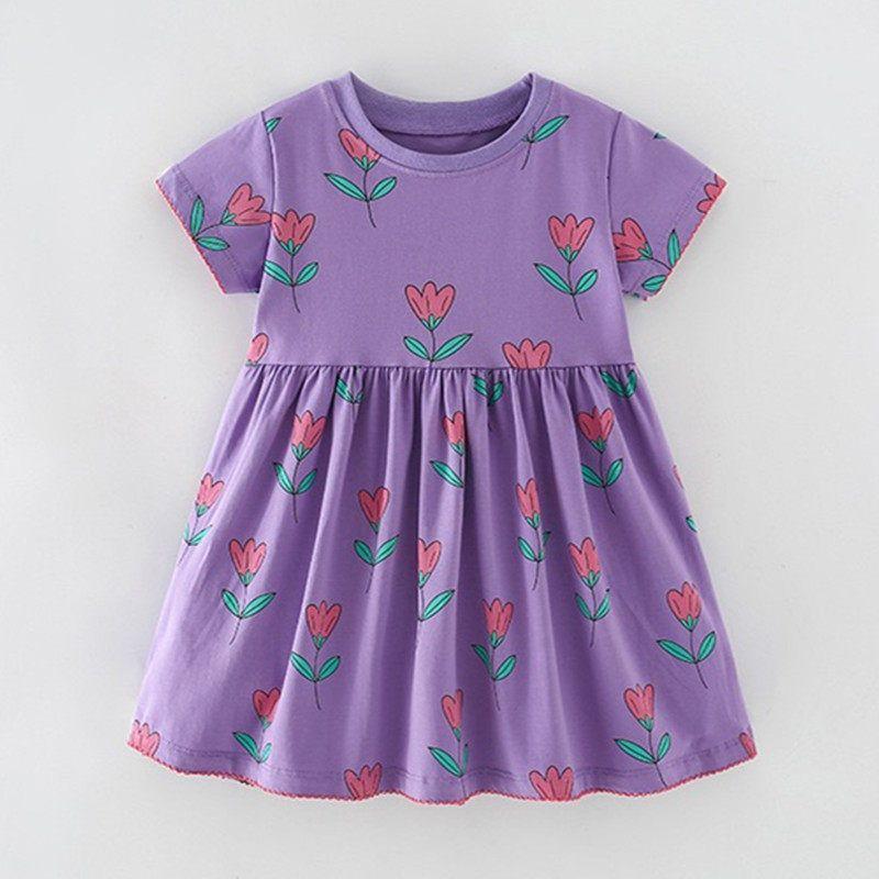 Girls' Purple Tulip Short-Sleeved Dress Baby Pure Cotton Princess Dress Kidsren's Summer Dress Knitted Skirt for Small and Medium-Sized Kidsren