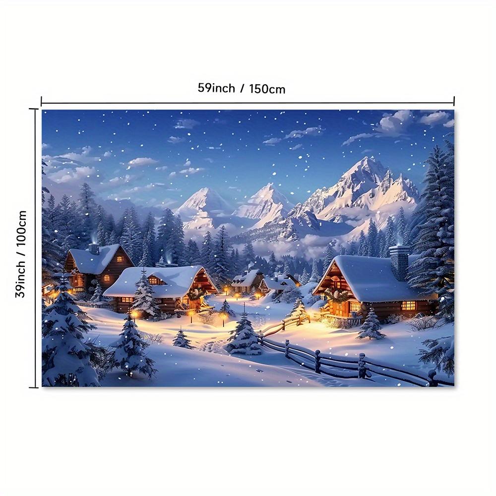 A polyester Christmas village and snow-capped mountain background cloth for a multi-functional winter scene banner festive