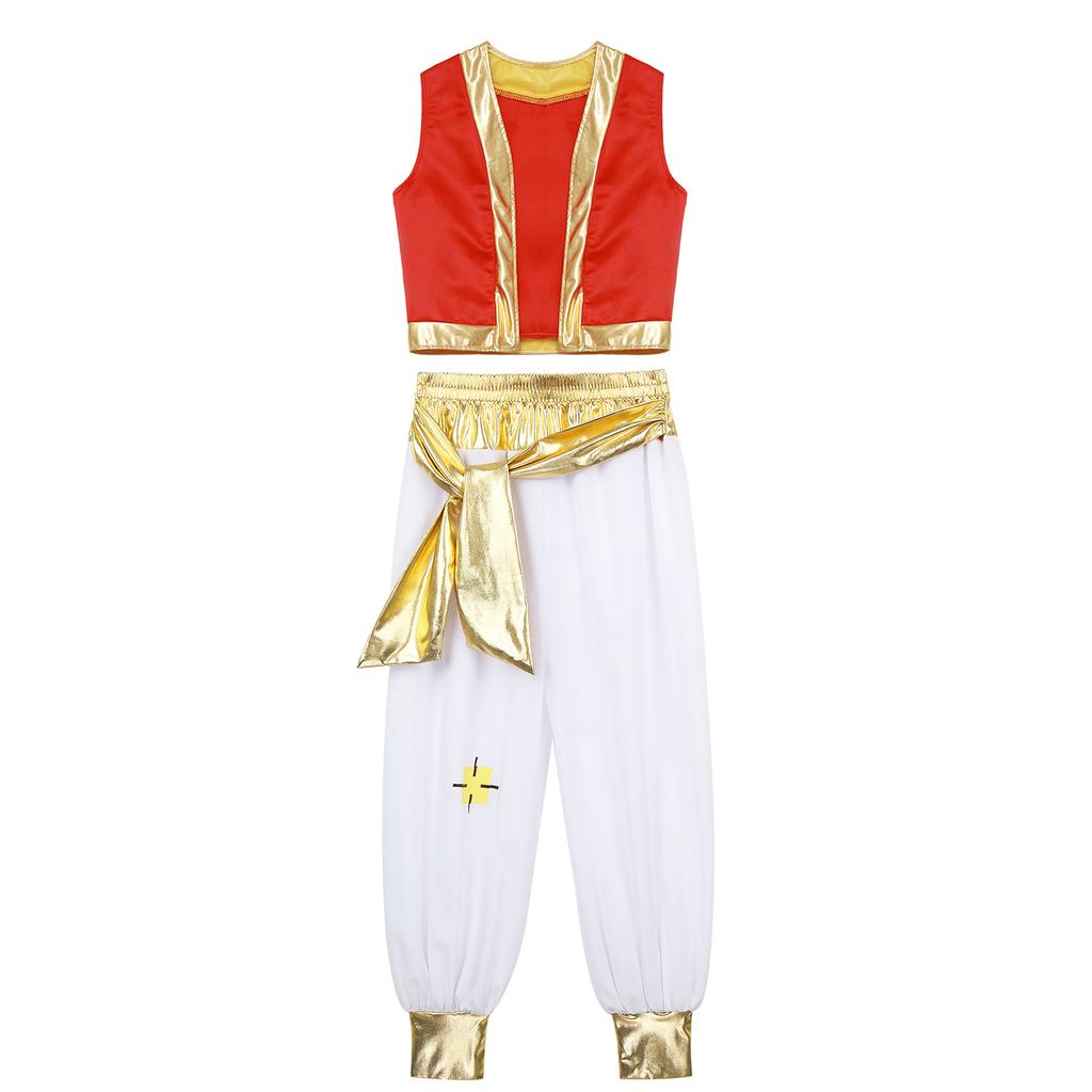 Mythical Cosplay Outfits Arabian Prince Kings Costume Halloween Roleplay Outfit Trim Waistcoat with Belted Pants