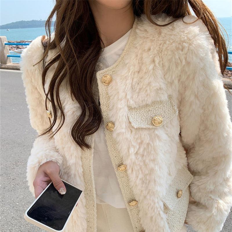 Women Faux Lamb Woolen Patchwork Fur Jacket Winter Warm Sweet Furry Fluffy Coat
