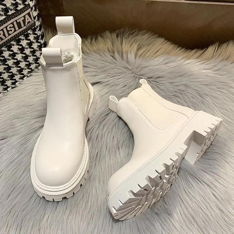 Winter New Women Boots Autumn Fashion Platform Chelsea Boots Women Slip-on Fur Short Chunky Heels Punk Gothic Warm Ankle Boots