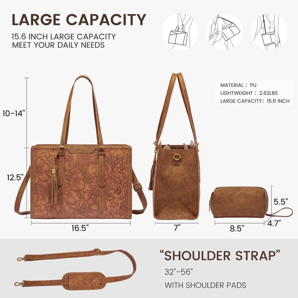 LOVEVOOK Laptop Bag for Women, Vintage Leather 15.6 Inch Work Tote with Large Cup Holder, Teacher Professional Computer Bag with Clutch Purse and