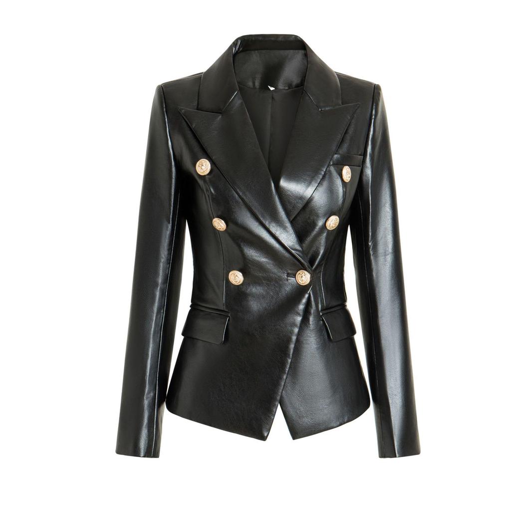 Black Long Sleeve Slim Fit Faux Leather Jacket with Suit Collar - Fall/Winter Collection