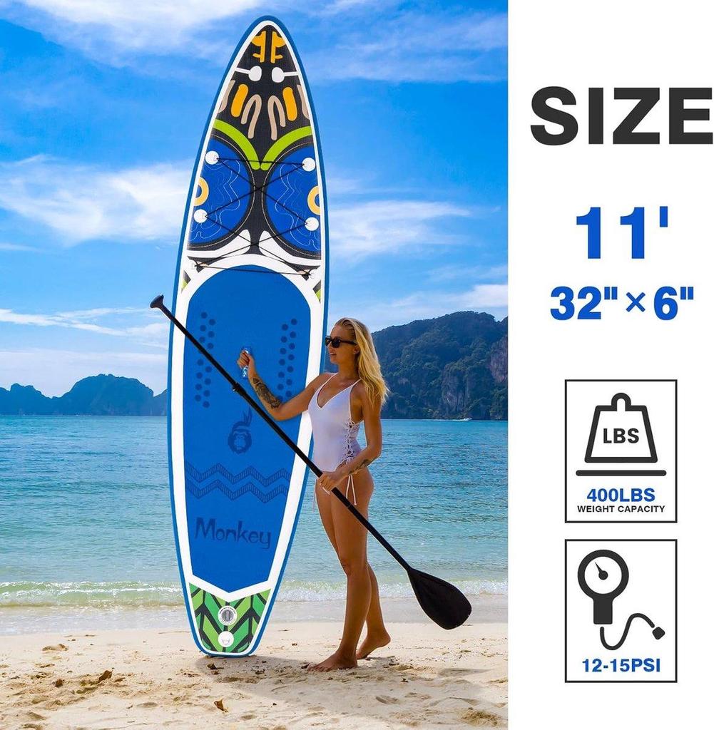FunWater 11' SUP Touring Board Set – 10.5kg, 165kg capacity, 15cm thick – incl. paddle, pump, backpack – Blue - SUPFR02D