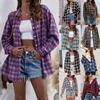 Women's  And Winter Mid-Length Lapel Cardigan Single-Breasted Plaid Shirt Top