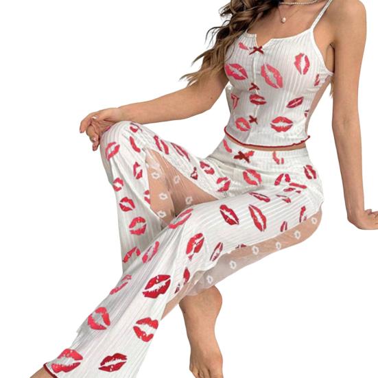 2 шт./комплект женский жилет брюки костюм бант сердечко принт без рукавов сборка кант топ сетчатые лоскутные брюки домашняя одежда одежда для сна наряд летняя одежда для отдыха