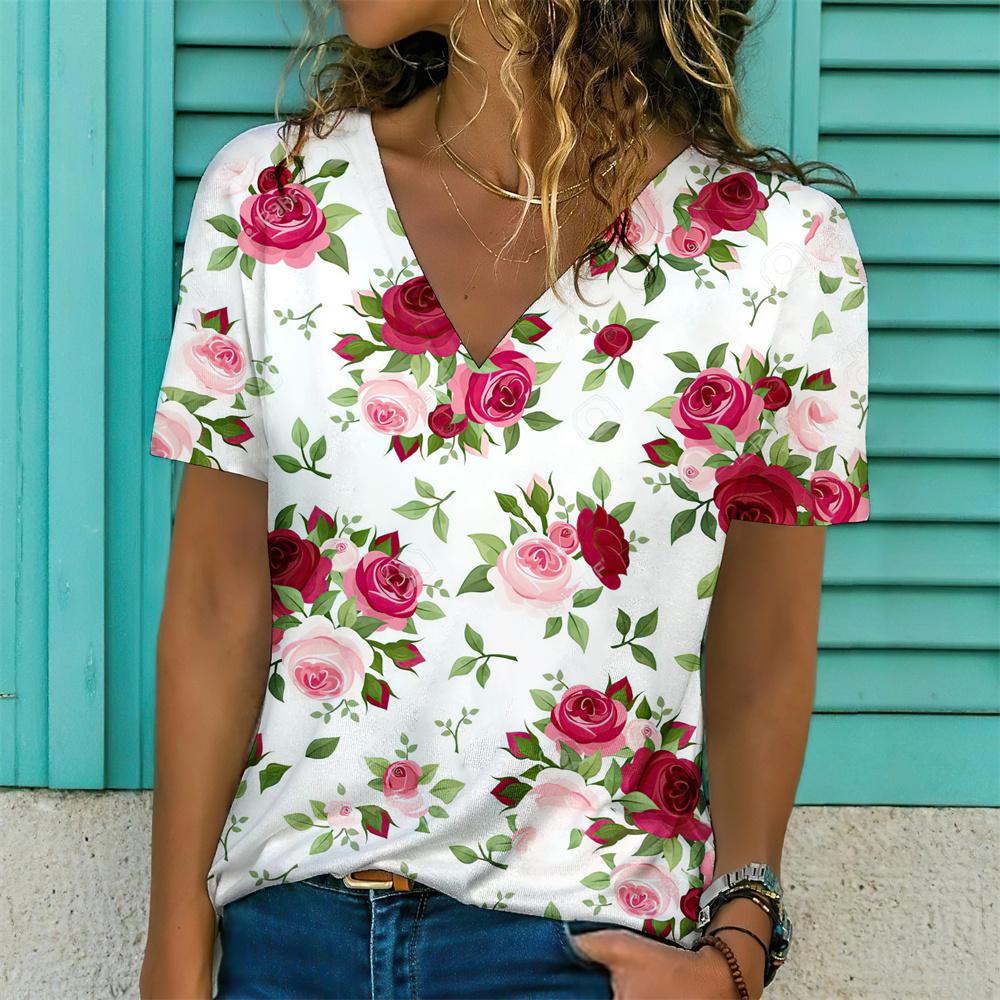 Летний топ с V-образным вырезом, 3D-принтом с красивым цветочным узором, модная повседневная женская футболка с коротким рукавом